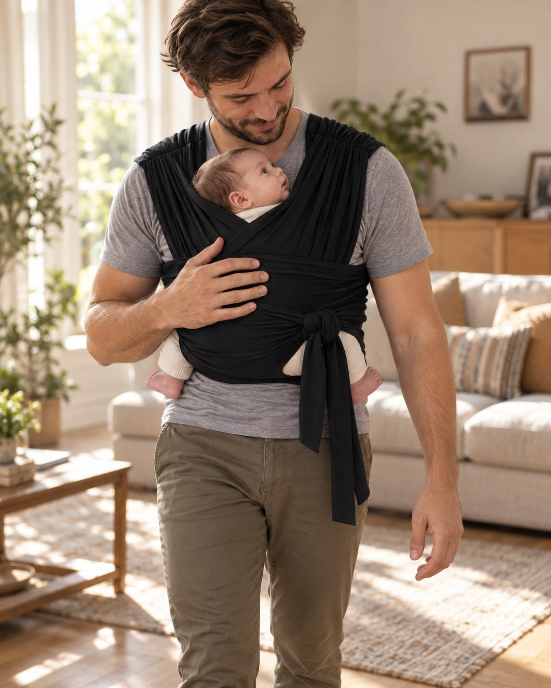 Dad walking in the Nuzzle Wrap with an awake baby looking up at him