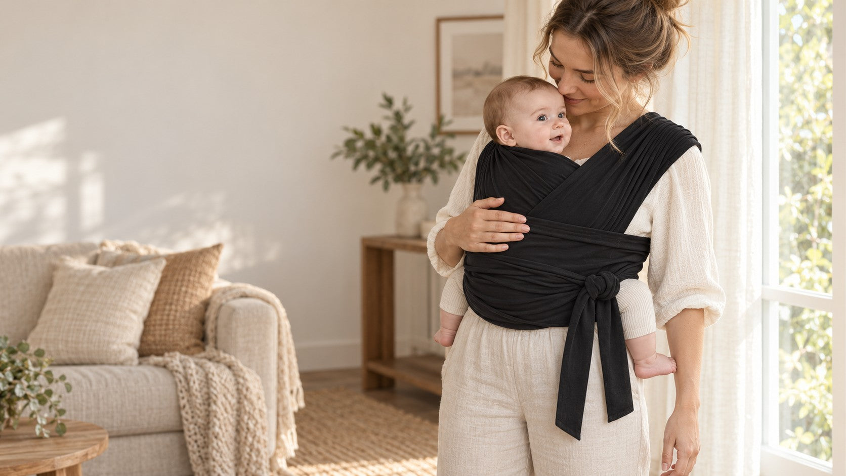 Parent wearing the Nuzzle Wrap with a newborn held close